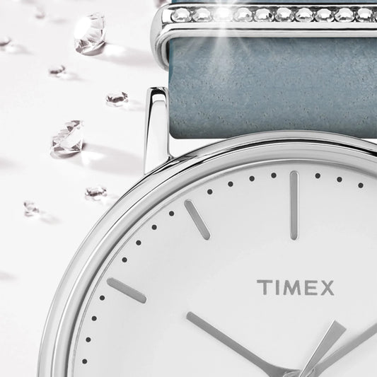 Timex Women's Blue Leather Watch, White Dial | Tw2r70300