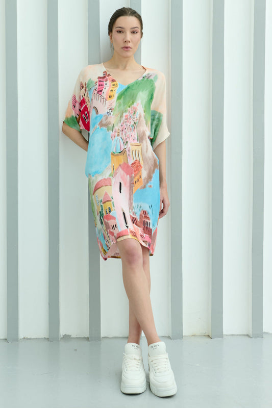 La Riviera Printed Short Kaftan Dress - Pink & Multicolor