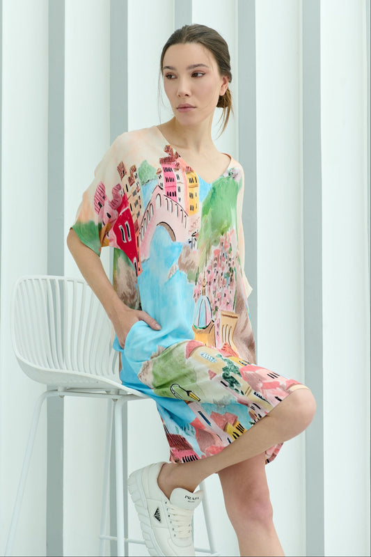 La Riviera Printed Short Kaftan Dress - Pink & Multicolor